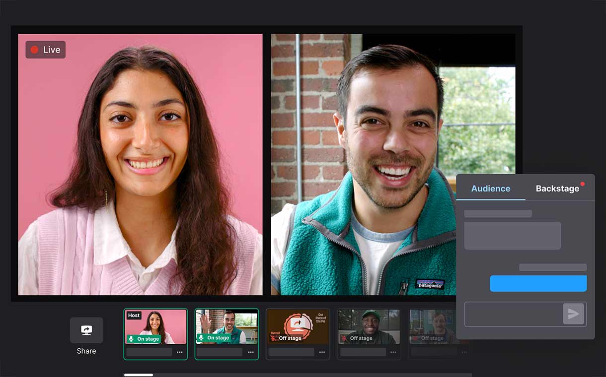 A split screen view of 2 people featured in the Wistia Live user interface